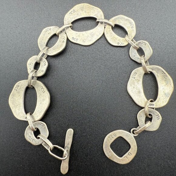 Artisan Sterling Silver Organic Link Bracelet 925 With Hammered Design And Toggl - Picture 5 of 8